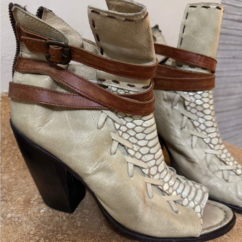 Freebird by Steven Cream and Brown Leather Peep-Toe Heeled Booties